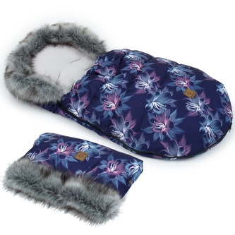 Zimní fusak Lux s kožešinkou + rukávník, Květy Neon, 50 x 100cm - šedý/granát; granát, šedá; polyester; 100 cm