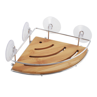 MSV rohová polička s přísavkami JOY, do koupelny, chromovaný plast, bambus