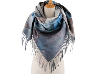 Šátek s třásněmi květy 105x105 cm - 1 ks - 6 modrá béžová