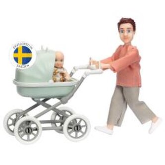 Lalka tata mężczyzna z dzieckiem i wózkiem