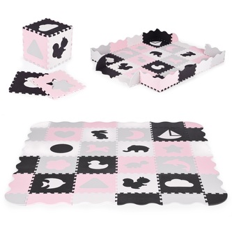 Pěnové puzzle pro děti, podložka Tvary a zvířátka; bílá, černá, růžová; pěna EVA