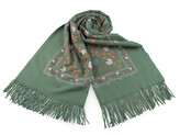 Velký teplý šátek / pléd vyšívaný s třásněmi, typu kašmír 68x165 cm - 1 ks - 5 zelená šalvěj tmavá