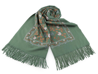 Velký teplý šátek / pléd vyšívaný s třásněmi, typu kašmír 68x165 cm - 1 ks - 5 zelená šalvěj tmavá