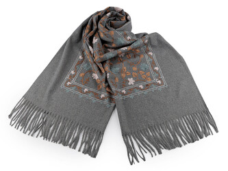 Velký teplý šátek / pléd vyšívaný s třásněmi, typu kašmír 68x165 cm - 1 ks - 7 šedá světlá