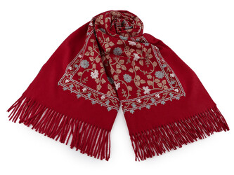 Velký teplý šátek / pléd vyšívaný s třásněmi, typu kašmír 68x165 cm - 1 ks - 4 červená