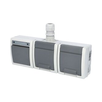 ATLAS IP65 Přepínač č.6+zásuvka 2x 2P+P, 2-násobná vodorovně s vývodkou M20,na povrch,šedá