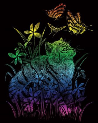 Duhový škrabací obrázek Kočka s motýly