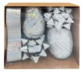 Sada na balení dárků stříbrná, rozeta 5 x 2 x 5 cm 4 ks, stuha 0,5 cm x 10 m 2 ks, stuha 2 cm x 2 m