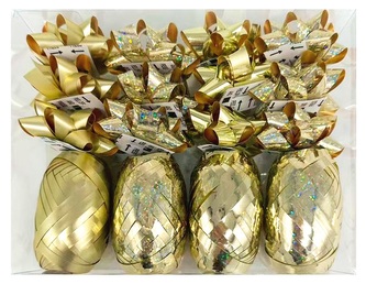 Sada na balení dárků zlatá, rozeta 5 x 2 x 5 cm 12 ks, stuha 0,5 cm x 10 m 4 ks