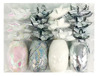 Sada na balení dárků stříbrná, rozeta 5 x 2 x 5 cm 12 ks, stuha 0,5 cm x 10 m 4 ks