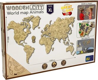 WOODEN CITY Dřevěná mapa světa ZOO XL (120x80cm)