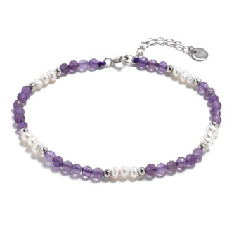 AU0045 Minerální náramek přírodní Ametysty a perla, stříbro AG925
