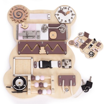 Dřevěná Montessori manipulační senzorická tabule pro děti edukační panel Medvídek; dřevo, kov, plast