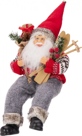Sedící Santa s pytlem dárků a lyžemi 30 cm