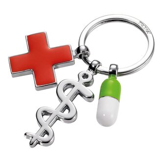 Troika klíčenka - červený kříž, pilulka, Aeskulapova hůl Get well (kovová, mix barev)