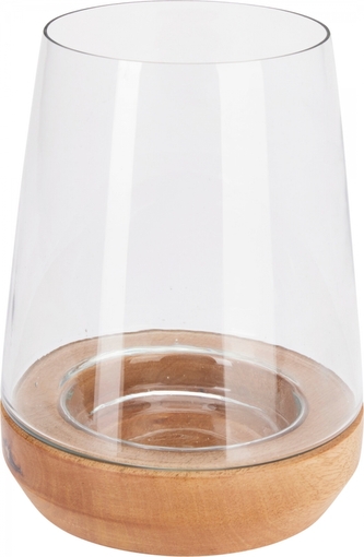 Skleněný svícen na dřevěném podstavci z mangového dřeva, 19, 5 cm