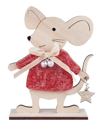 Myška v červeném svetříku dřevěná na postavení 12 x 15 x 4 cm