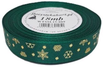 Wstążka metal Śnieżynki, 15mm/18mb, butelka/złoto, Florystyka