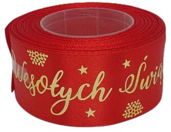 Wstążka metal Wesołych Świąt, 38mm/18mb czerwona/złoto, Florystyka