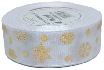 Wstążka metal Śnieżynki, 25mm/18mb, biała/złoto, Florystyka