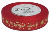 Wstążka metal Wesołych Świąt, 15mm/18mb czerwona/złoto, Florystyka