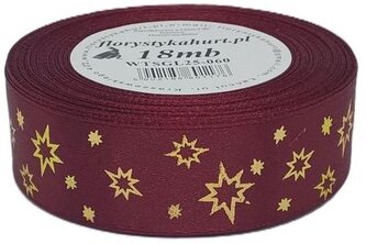 Wstążka metal Gwiazdki, 25mm/18mb, bordo/złoto, Florystyka
