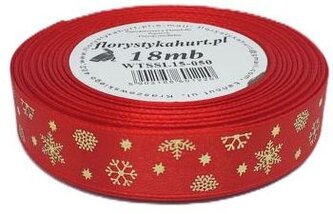 Wstążka metal Śnieżynki, 15mm/18mb, czerwona/złoto, Florystyka