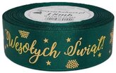 Wstążka metal Wesołych Świąt, 25mm/18mb, butelka/złoto, Florystyka