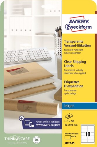 Avery Zweckform J4722-25 Transparentní PET etikety pro Inkjet 96x50,8 mm, mléčné
