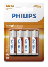 baterie PHILIPS AA R6 1,5V, Tužková, ZnCl (krab.48ks=12x4ks)