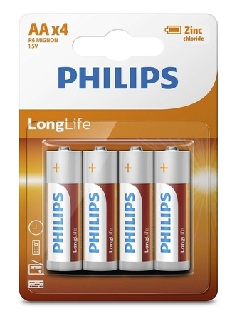 baterie PHILIPS AA R6 1,5V, Tužková, ZnCl (krab.48ks=12x4ks)