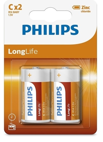 baterie PHILIPS R14 1,5V, ZnCl, malý monočlánek (krab.24x=12x2ks)