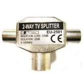 Anténní rozbočovač, pro 2 TV, Coax (9.5mm) samice - 2x Coax (9.5mm) samec, stříbrná, kovový
