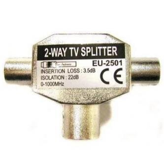 Anténní rozbočovač, pro 2 TV, Coax (9.5mm) samice - 2x Coax (9.5mm) samec, stříbrná, kovový