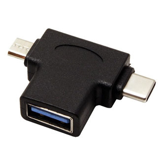 USB redukce, (2.0), USB A samice - microUSB samec + USB C samec, černá, plastic bag OTG