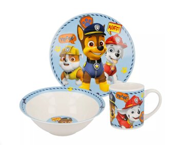 Dětská jídelní keramická sada TLAPKOVÁ PATROLA 3dílná modrá