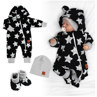 Rostoucí teplákový overal pro miminko, čepice, botky, 3D, Nature Star - černý, 80/86; 80/86 (12-18m); černá; 95% bavlna + 5% elastan