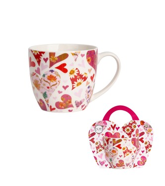 Kubek 460 ml w "koszyczku" RÓŻOWE SERCA