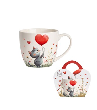 Kubek 460 ml w "koszyczku" KOT Z BALONEM