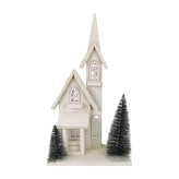 Dřevěný bílý kostel LED, 43 cm