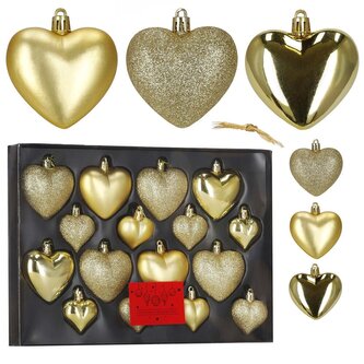 Srdíčka zlatá sada 16ks, vánoční ozdoby