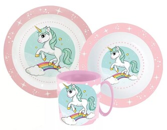 Plastový jídelní set UNICORN - JEDNOROŽEC s hrnkem růžový