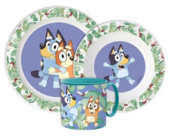 Plastový jídelní set BLUEY tropical s hrnkem modrý