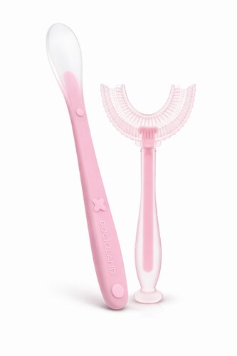 Silikonová lžička + kartáček ve tvaru U - růžová; růžová; silikon