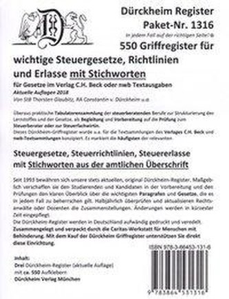 Sparpaket STEUERGESETZE, RICHTLINIEN, und STEUERERLASSE: 550 DürckheimRegister® mit Stichworten
