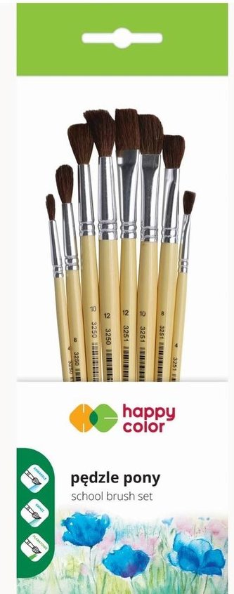 Pędzle szkolne pony mieszane 8szt HAPPY COLOR
