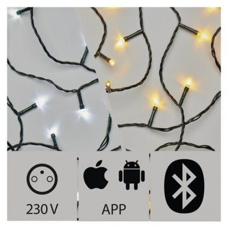 Aplikací ovládaný LED vánoční řetěz, 24m, venkovní, st./t.b. Aplikací ovládaný LED vánoční řetěz, 24m, venkovní, st./t.b.