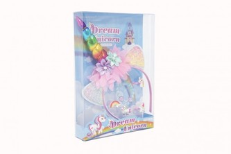 Sada krásy čelenka jednorožec,náramek,prstýnek 3ks plast v krabičce 17,5x25x4cm