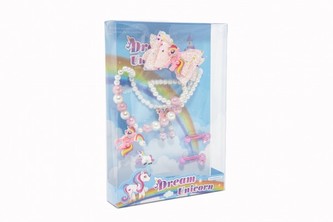 Sada krásy jednorožec náušnice,náhrdelník,sponky do vlasů, prstýnky 2ks plast v krabičce 17,5x25x4cm