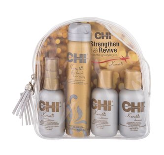 Farouk Systems CHI Keratin šampon Keratin Shampoo 59 ml + kondicionér Keratin Conditioner 59 ml + bezoplachový kondicionér Keratin Leave-in Conditioner 59 ml + lak na vlasy Keratin Flex Finish Hair Spray 74 g + kosmetická taštička